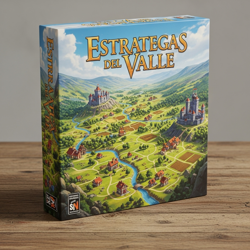Caja del juego de mesa Estrategas del Valle sobre una mesa de madera.