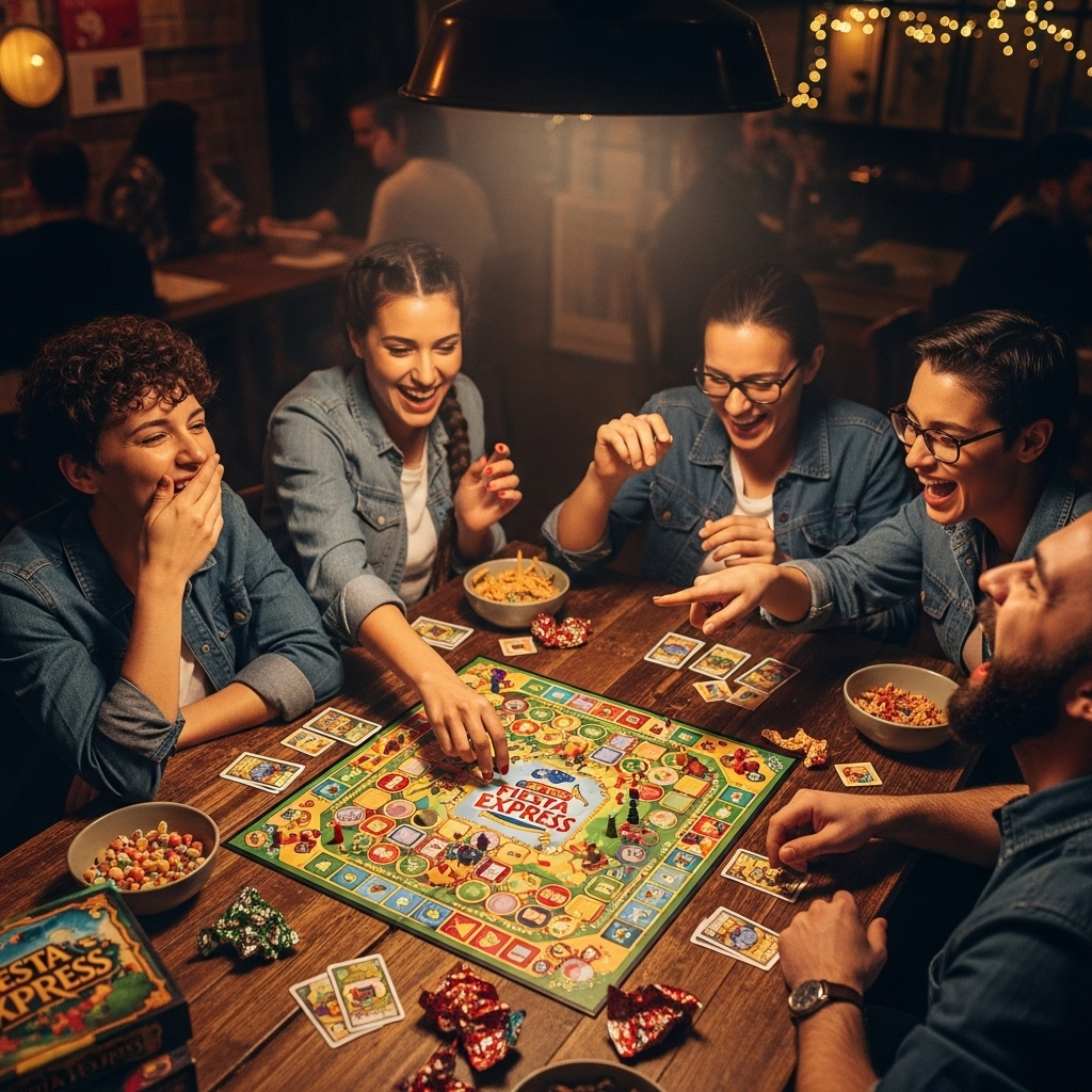 Grupo de amigos riendo mientras juegan Fiesta Exprés.