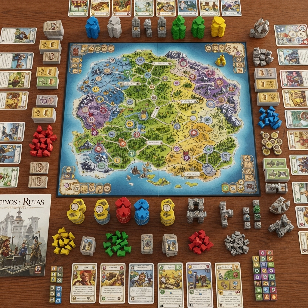 Tablero y componentes del eurogame Reinos y Rutas.