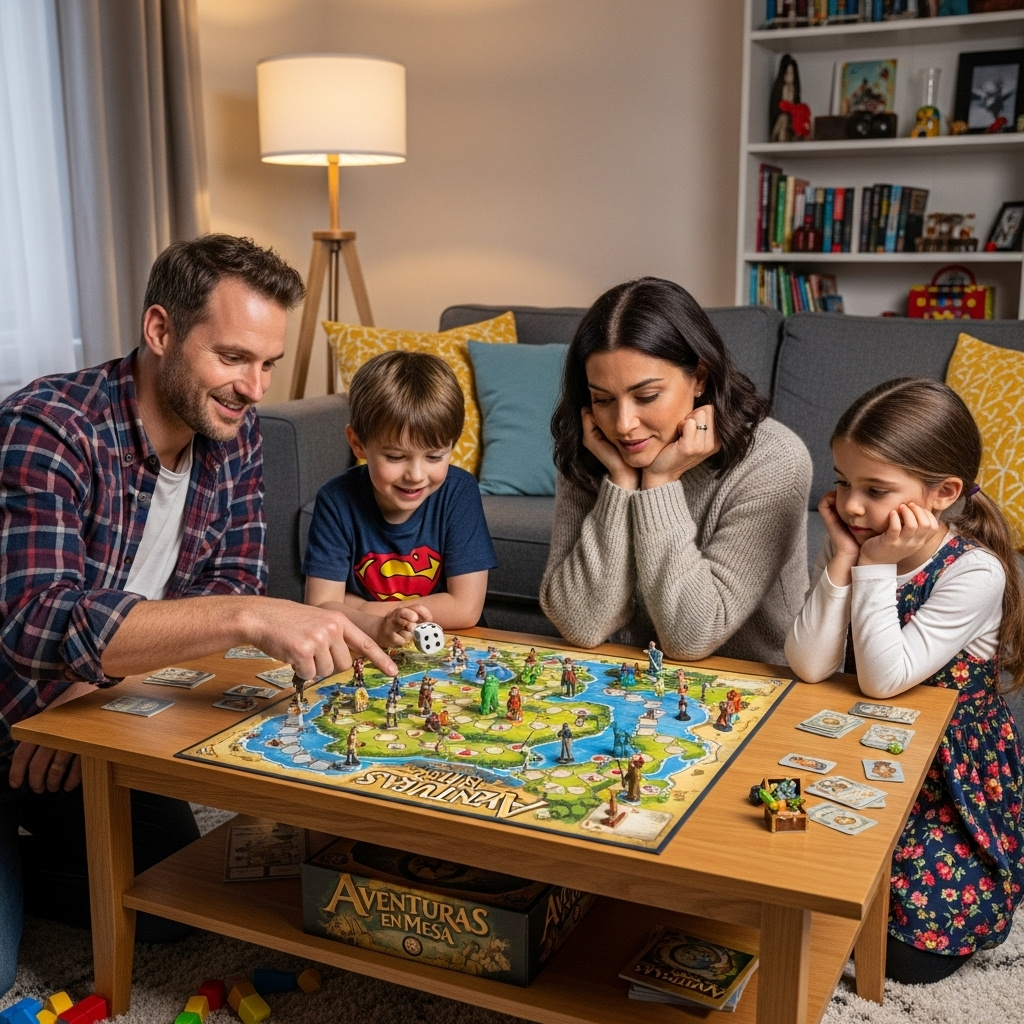 Familia con niños jugando Aventuras en Mesa en la sala de estar.